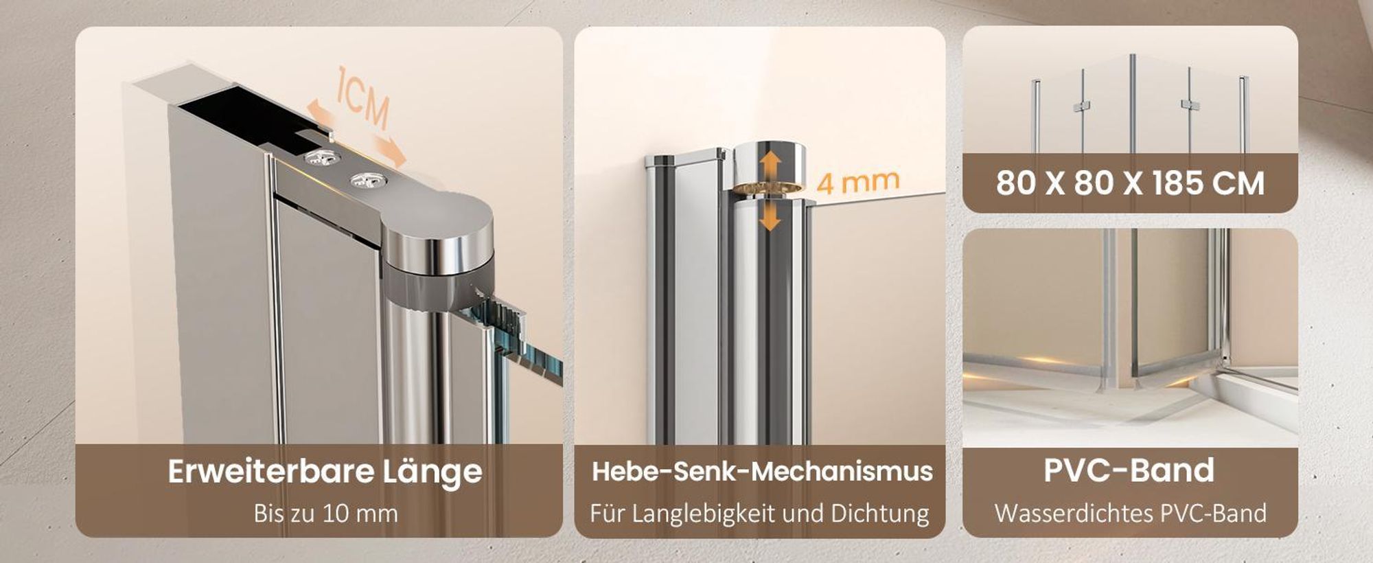 EMKE Duschkabine 80x80x185cm Eckeinstieg Pendeltür Falttür, 6mm ESG Sicherheitsglas, Höhe 1850mm, Hebe-Senk-Funktion, Chrom-Optik EDF-Serie