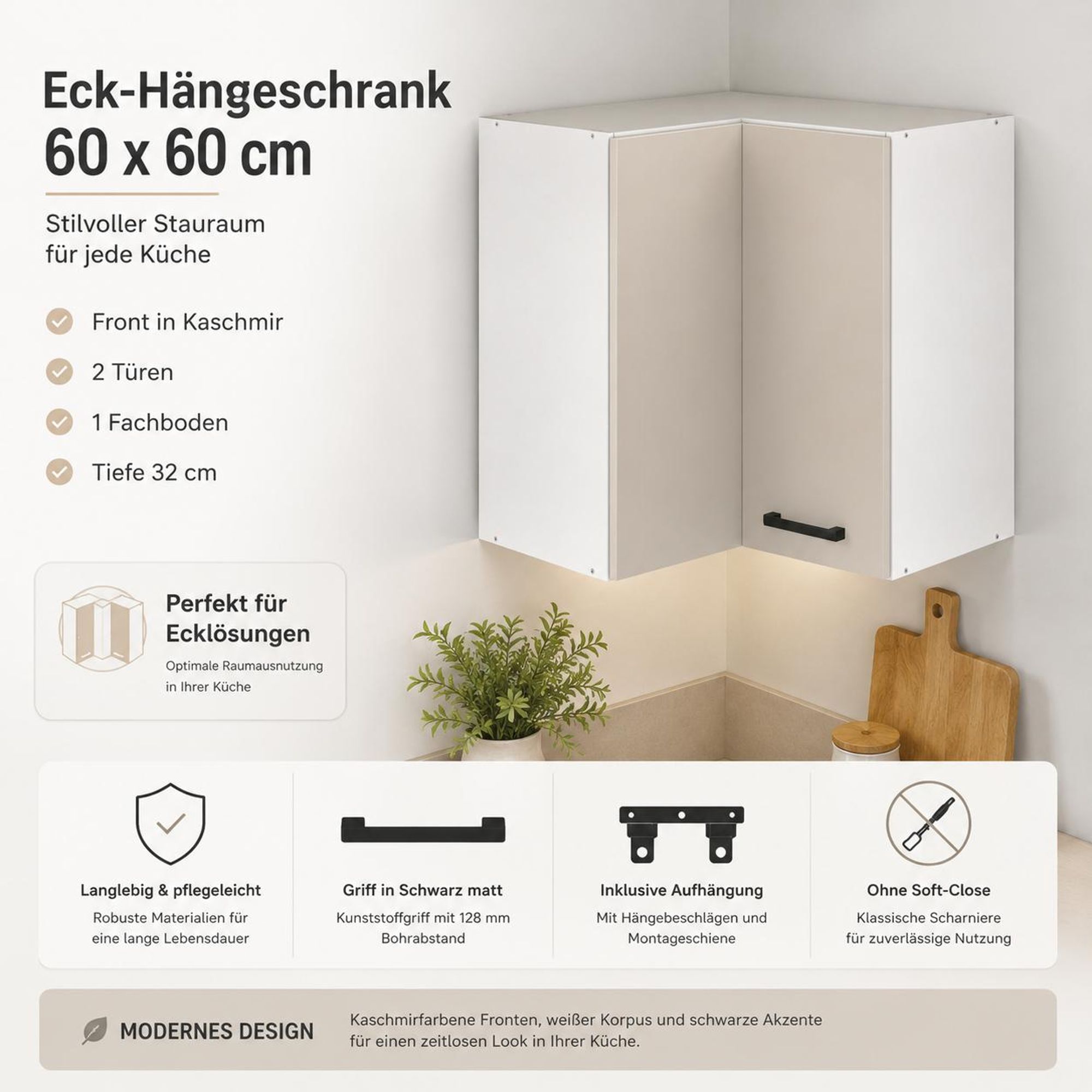 Eckhängeschrank 60x60 Kaschmir: Moderner Küchen-Eckschrank mit 2 Türen & schwarzem Griff.