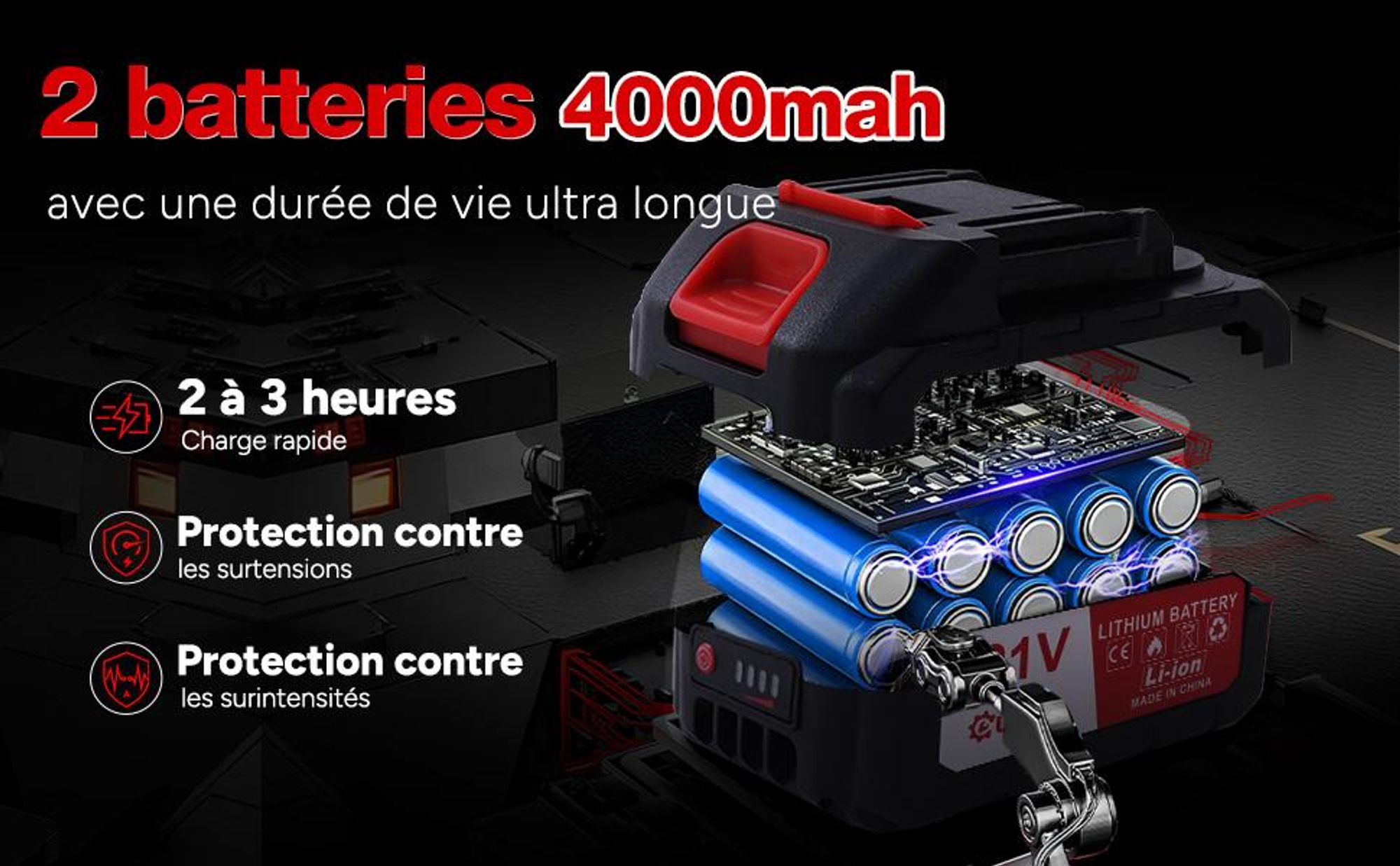 Tronçonneuse à batterie 8 pouces, tronçonneuse sans fil OUTIGO 1000 W, 2 batteries 21 V 3000 mAh, outil de jardinage puissant pour couper les branches