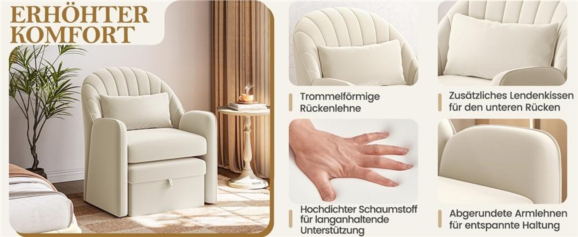 Yaheetech Sessel mit Hocker & Stauraum, bequemer Ohrensessel mit Rückenkissen, Relaxsessel aus Samt, Lounge Sessel für Büro/Schlafzimmer, Beige