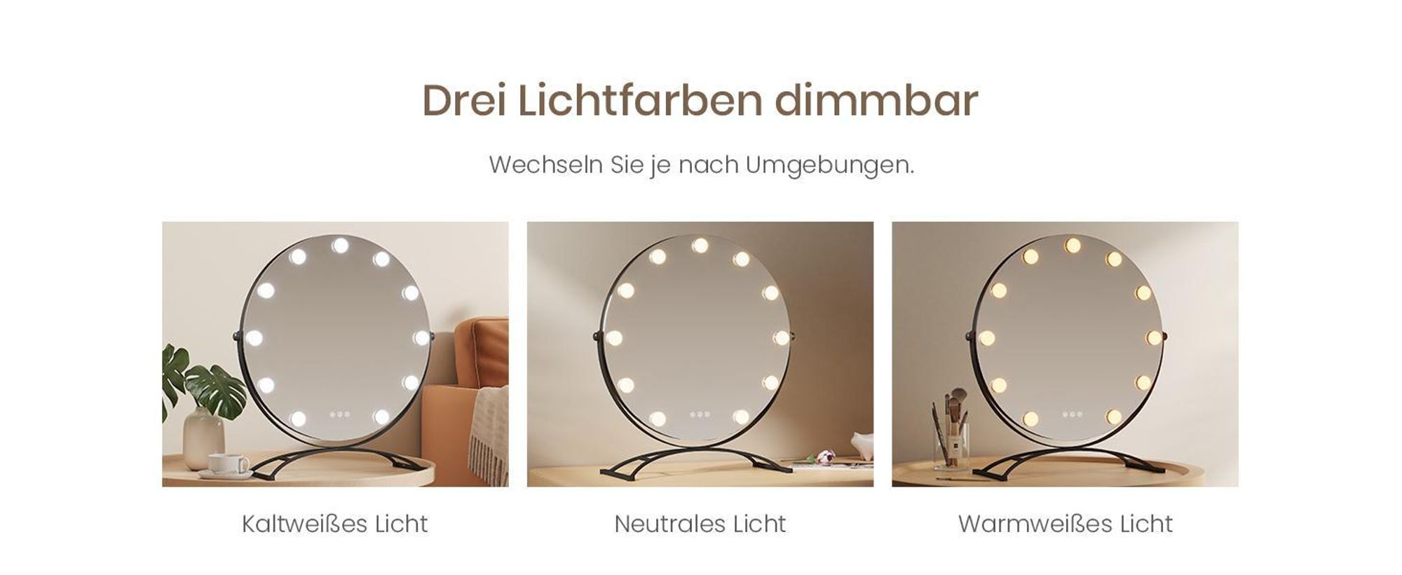 EMKE Kosmetikspiegel Hollywood 58X50cm Rund Schminkspiegel mit LED Beleuchtung und Vergrößerung 7x, 3 Lichtfarben Dimmbar, Schwarz