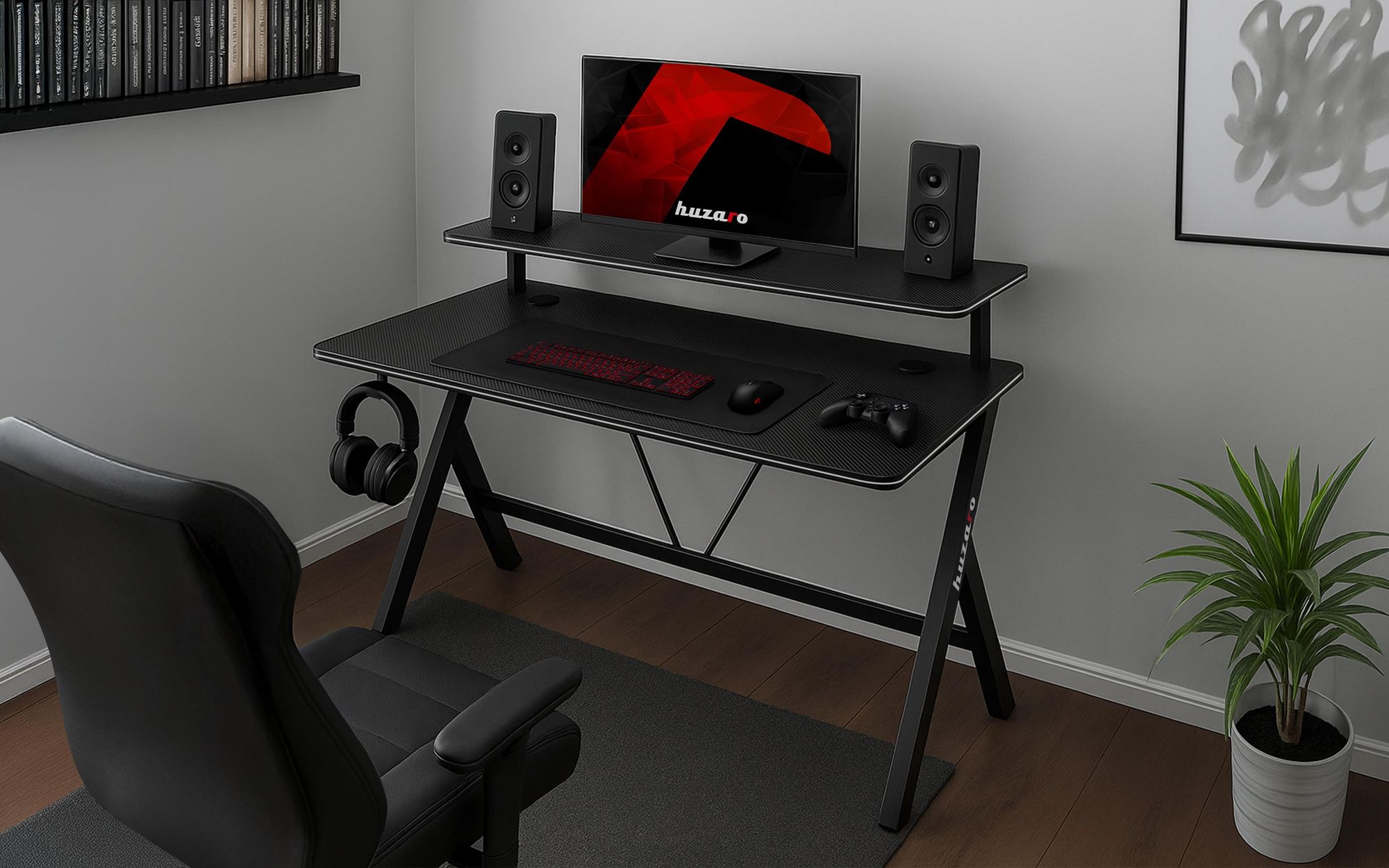 Huzaro Hero 1.9 Black Gaming-Schreibtisch mit Regal – 120 cm Tischplatte – Carbon-Beschichtung – Kopfhörerhalter – Kabelmanagement – Stahlkonstruktion