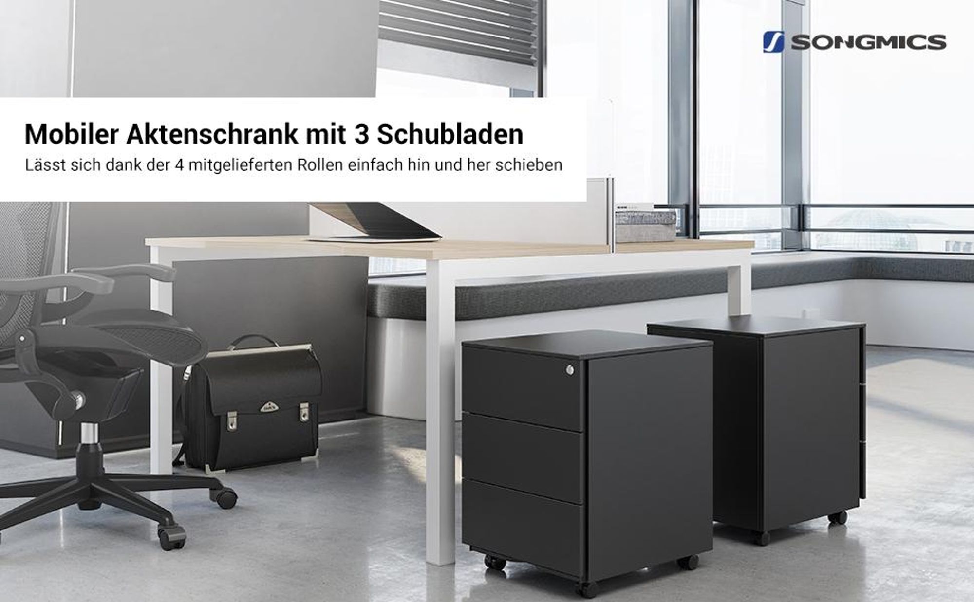 SONGMICS Rollcontainer, Rollcontainer Aktenschrank Büroutensilien, schwarz