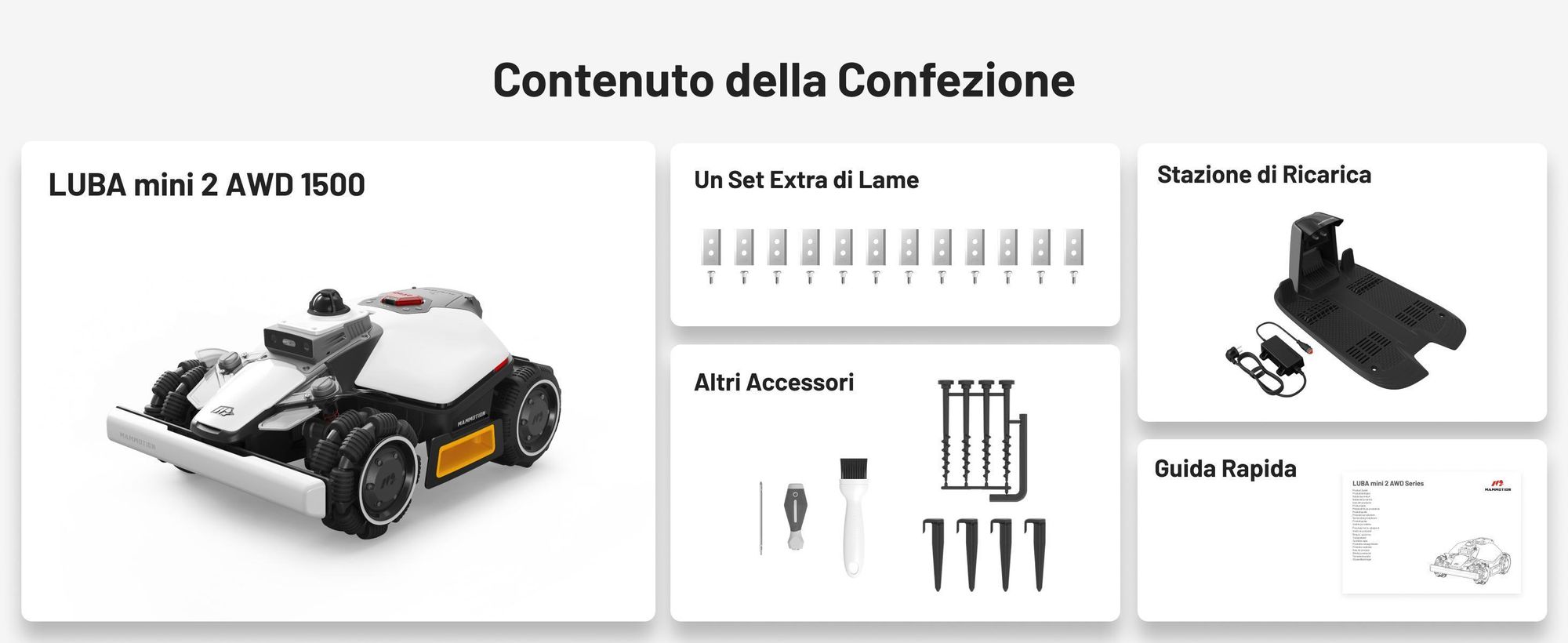 Robot tagliaerba Mammotion LUBA Mini 2 AWD 1500 con garage, senza filo, fino a 1500 m², taglio bordi, DropMow, mappatura, 4G, APP