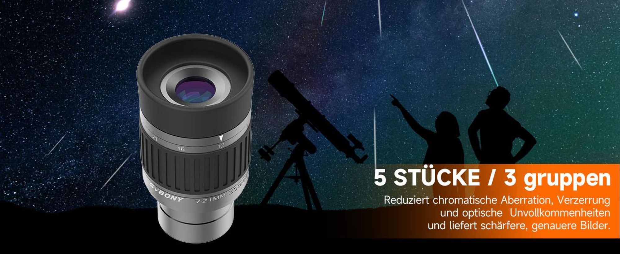 Svbony SV135 Teleskop Okular, 1,25 Zoll, 7–21 mm Zoom, 52-Grad-Sichtfeld, FMC 5-Element-3-Gruppen, Teleskop Zubehör für astronomische Beobachtung