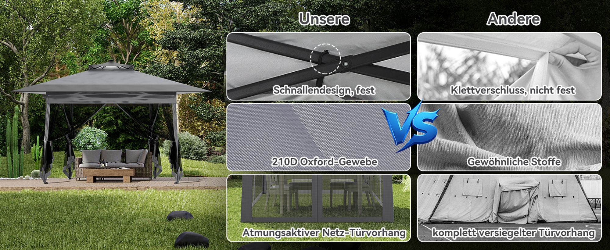 Puluomis Faltpavillon mit Sonnenkollektor Gartenpavillon Pop Up 3.6 x 3.6m Pavillon Faltbar Wasserdicht Gartenzelt, UV-Schutz 50+ grau
