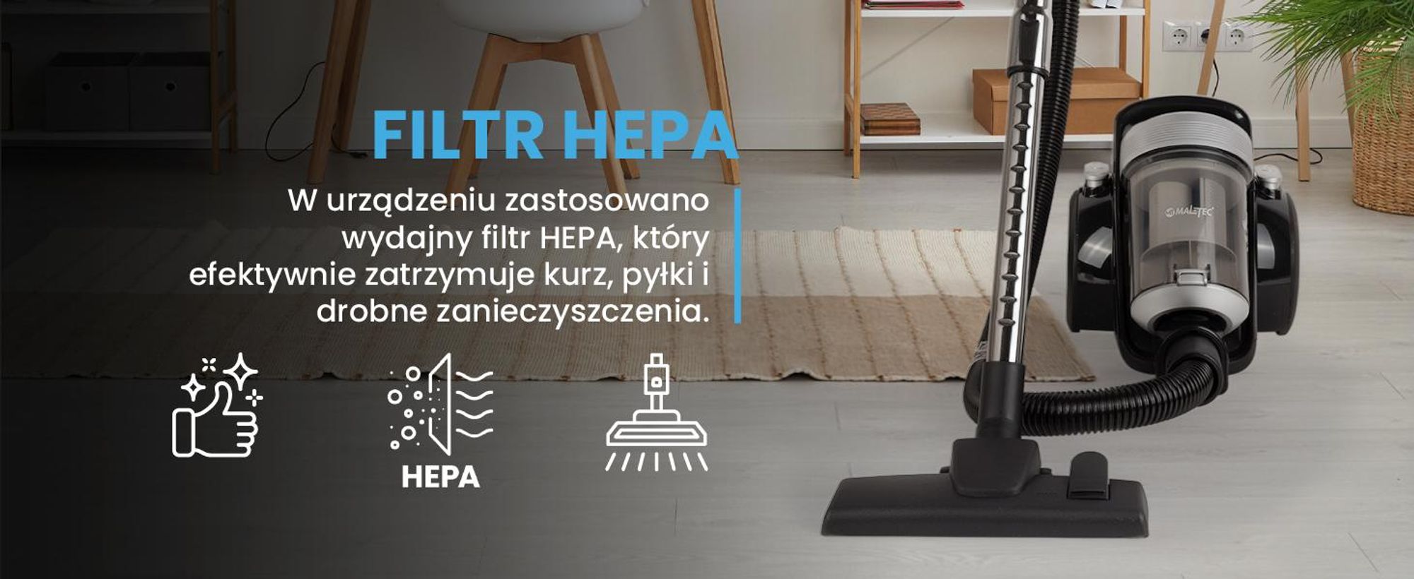 Odkurzacz cyklonowy z filtrem HEPA bezworkowy o dużej sile ssania