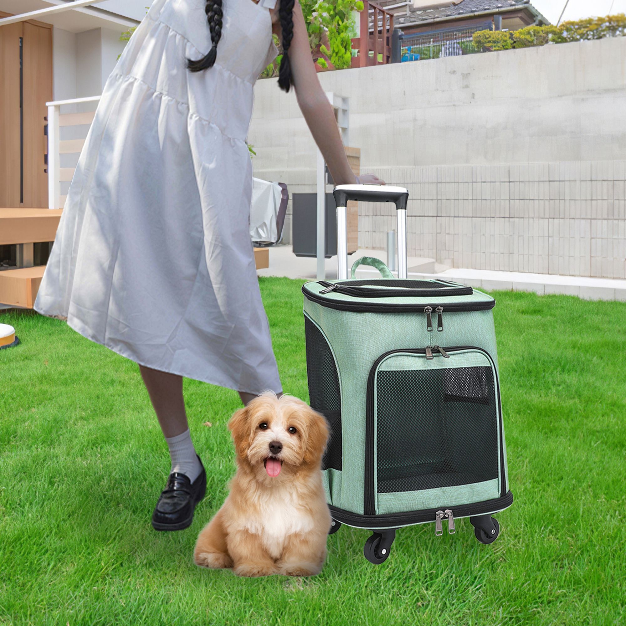 TWSOUL Tiertransportbox 3-in-1-Trolley für Haustiere,Rucksack-Trolleytasche bis 10 kg, Design mit großer Kapazität, Stoßdämpfende Rolle,Grün
