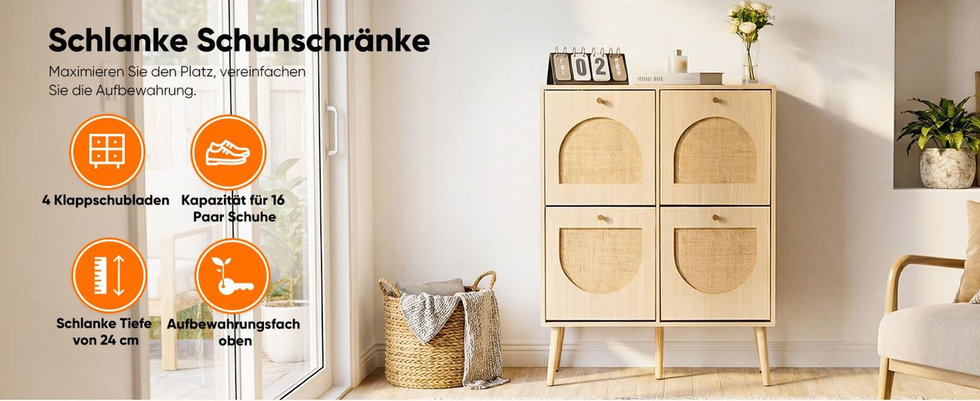 HOKEEPER Schuhschrank Schmal, Schuhregal mit 4 Klappen, Schuhkipper mit Verstellbar, Schuhaufbewahrung Holz, Schuhablage Schuhkommode für Eingang