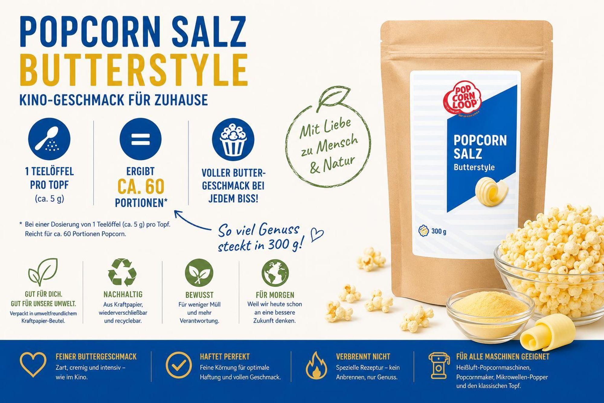 Popcornloop Butterstyle 300gr Popcornsalz mit Butteraroma Pudersalz Salz Popcorn Mais Gewürz zum Verfeinern Kochen Extrafein