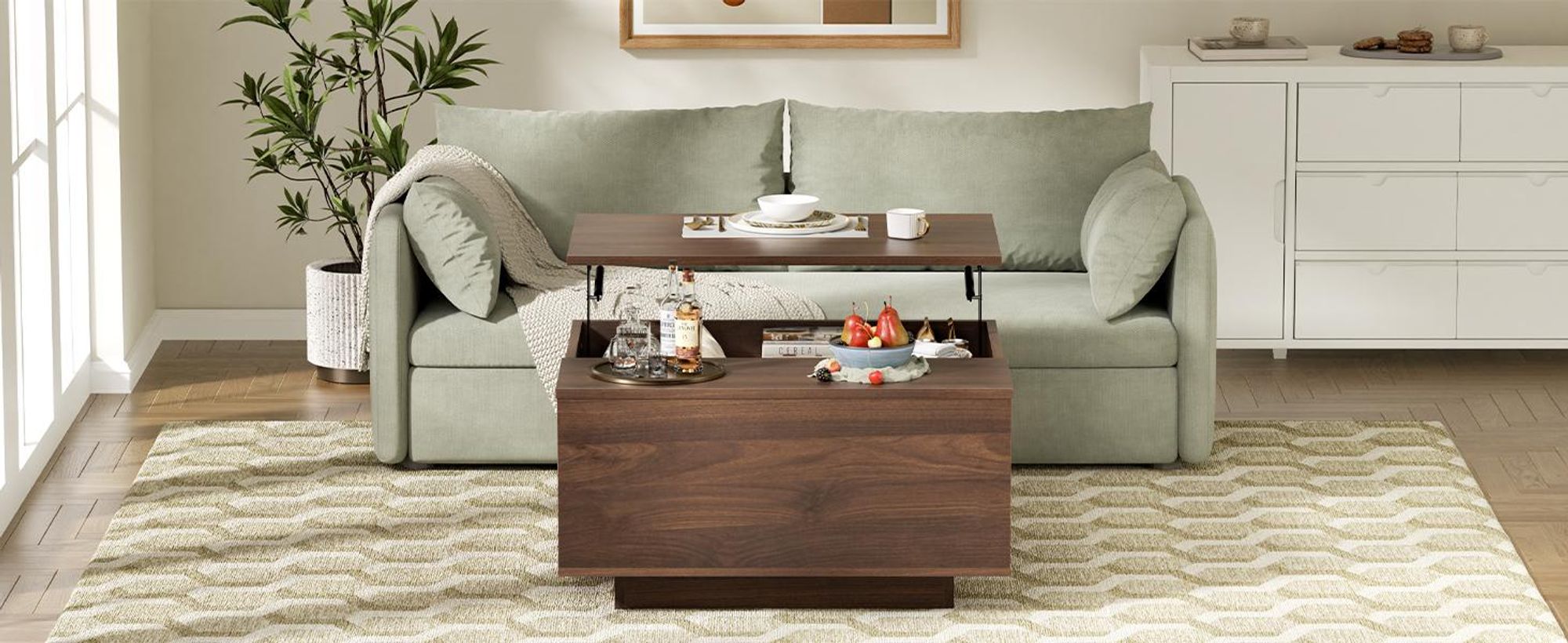FABATO Couchtisch eckig, höhenverstellbar mit verstecktem Staufach, Landhaus-Design in Nussbaum
