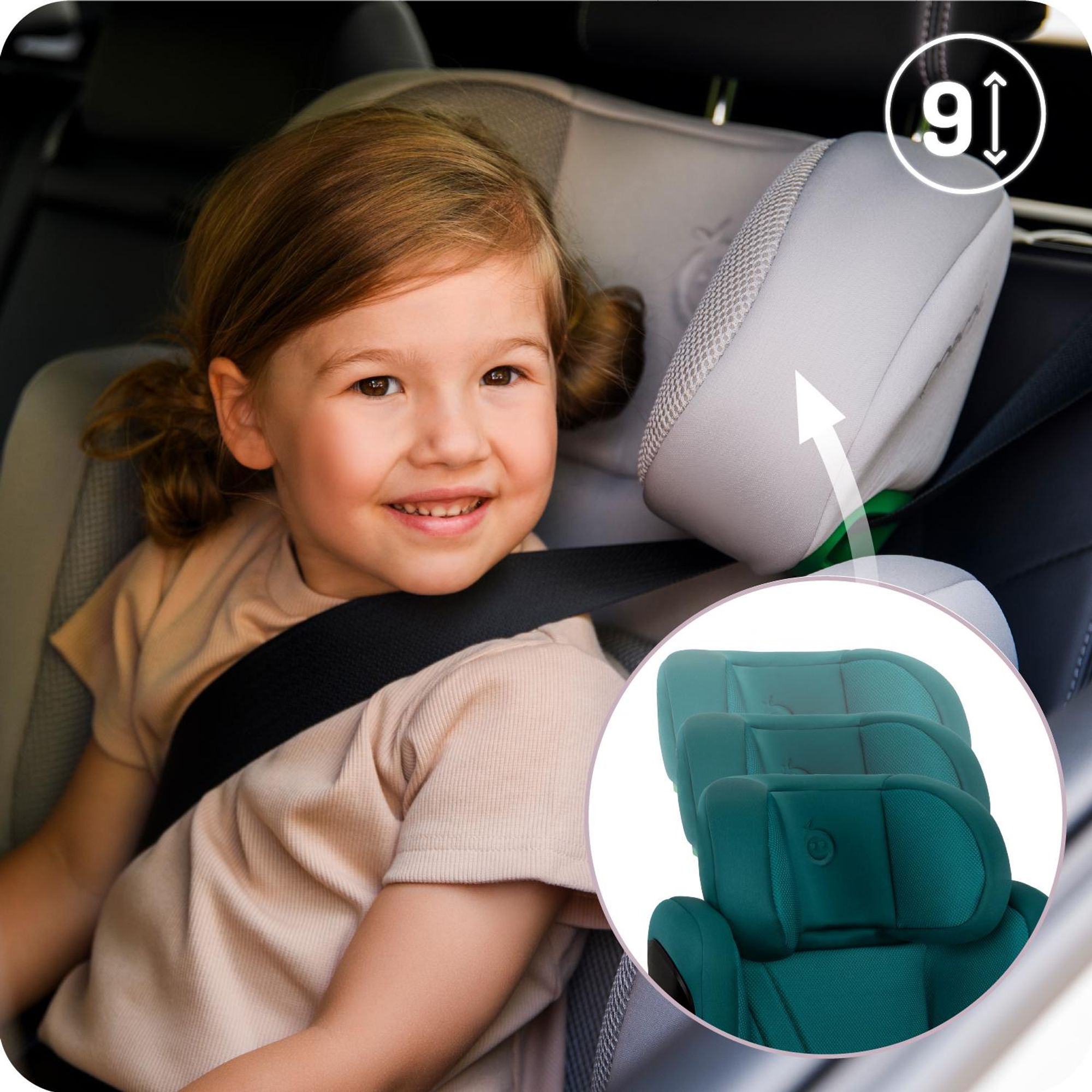 MoMi MEI – i-Size Kindersitz Gruppe 2/3 (100–150 cm, bis 36 kg) mit ISOFIX & 9-fach verstellbarer Rückenlehne – Grün