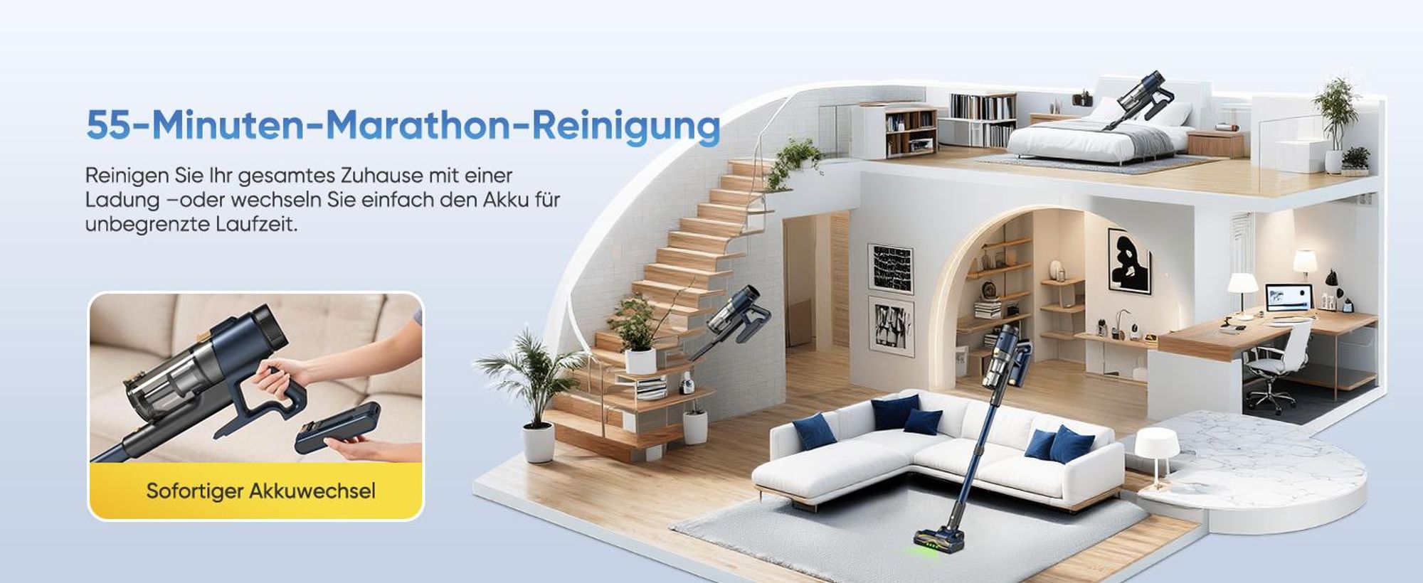 Vactidy V12 Akku Staubsauger/ 55Min/ 60kPa /600W/ 2,2kg/ Anti-Verhedderungs-Bürste, GreenEye Technologie, LED Touchscreen, für Hartböden, Teppiche