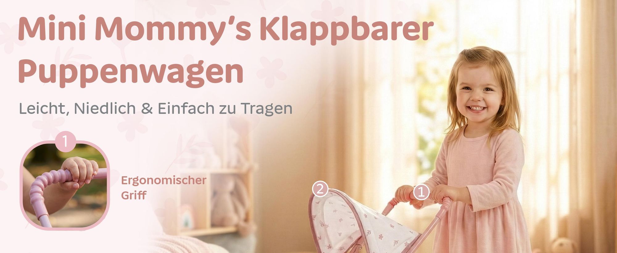 Puppenbuggy klappbar – leichter Puppenwagen mit EVA-Rädern und Zubehörkorb – Rollenspiel für Kinder ab 3 Jahren