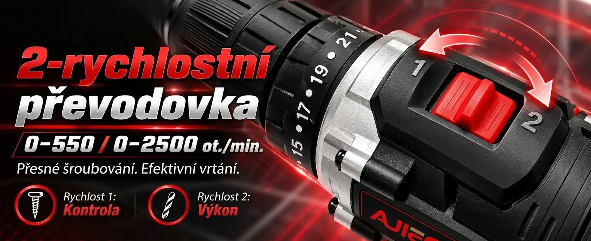 AJIEQAQ Aku šroubovák 21V Set, 3v1 aku příklepová vrtačka se 2×2,0Ah bateriemi, 45Nm, LED světlem, příslušenstvím a kufrem