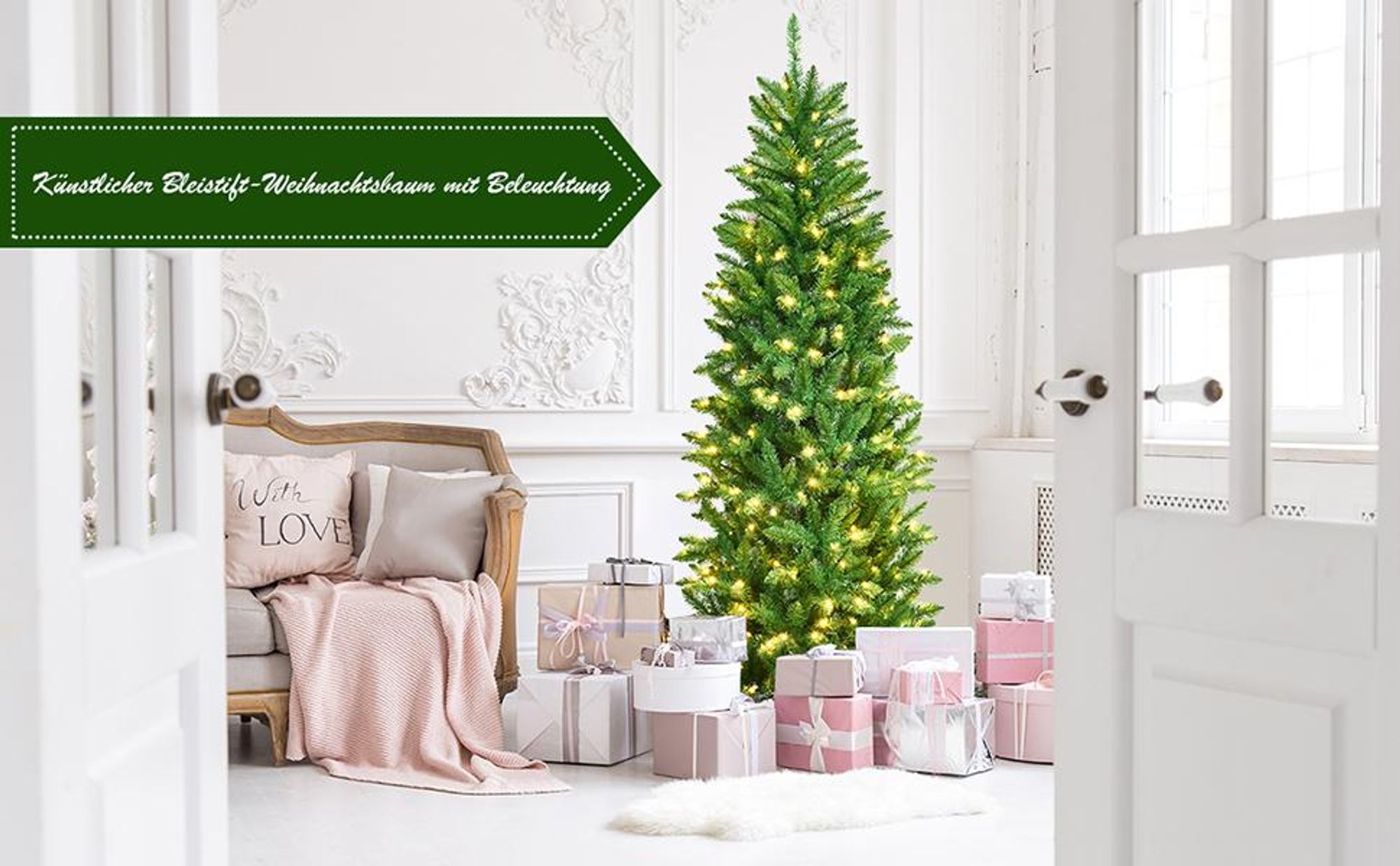 COSTWAY 150cm Bleistift Weihnachtsbaum mit warmweißen LED-Leuchten, künstlicher Tannenbaum mit Klappsystem und Metallständer, Christbaum PVC Nadeln, Kunstbaum Weihnachten Grün