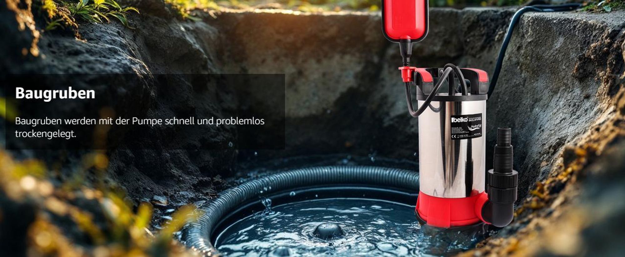 Belko® HydroFlat Vario Pro 850W – Flachsaugend bis 1 mm, 15.000 l/h, Edelstahlgehäuse, Schwimmerschalter, Anschlüsse Ø 25/32/11/2 Zoll, ideal für Keller, Pool, Baustelle und Schmutzwasser