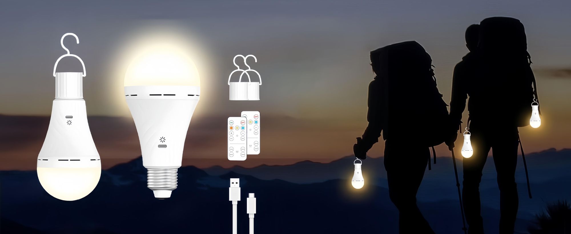 2er LED Glühbirne, 2600mAh, USB Rechargeable mit Fernbedienung, Timing, E27-Sockel&Wiederaufladbare mit Haken für Tischlampe, Nachtlichte,Campinglampe