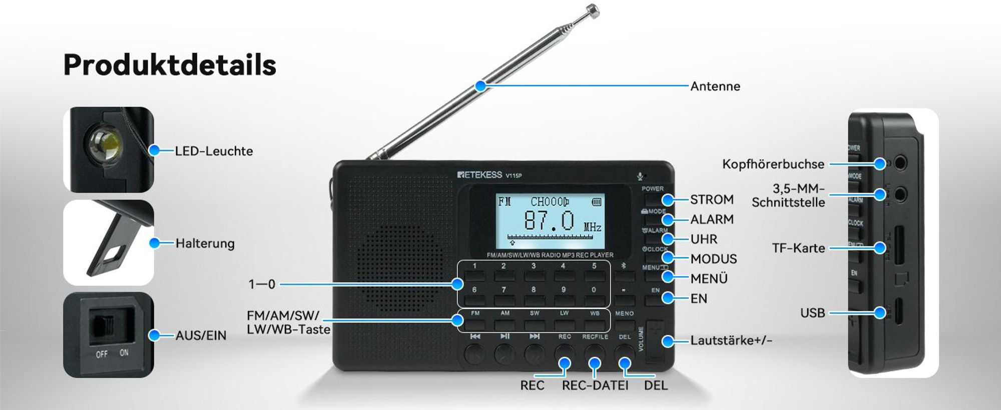 Retekess V115P Tragbares Digitales Radio, AM FM SW LW WB, 1800mAh, Taschenlampe, TF/AUX, Aufnahme, Taschenlampe, Sleep-Timer,für Notfälle, Camping