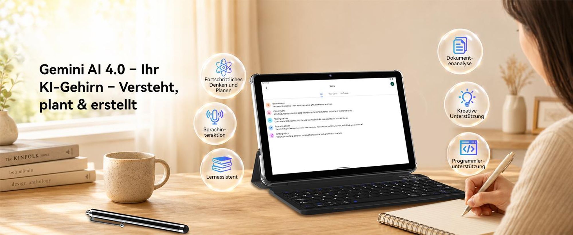 W80 10.1" 120Hz Tablet, 32+128GB/2TB, Android 16, 4G SIM+5G WIFI, Gemini AI 4.0, Widevine L1, 6000mAh, OTG, mit Tastatur/Maus/Stift/Schutzhülle Set