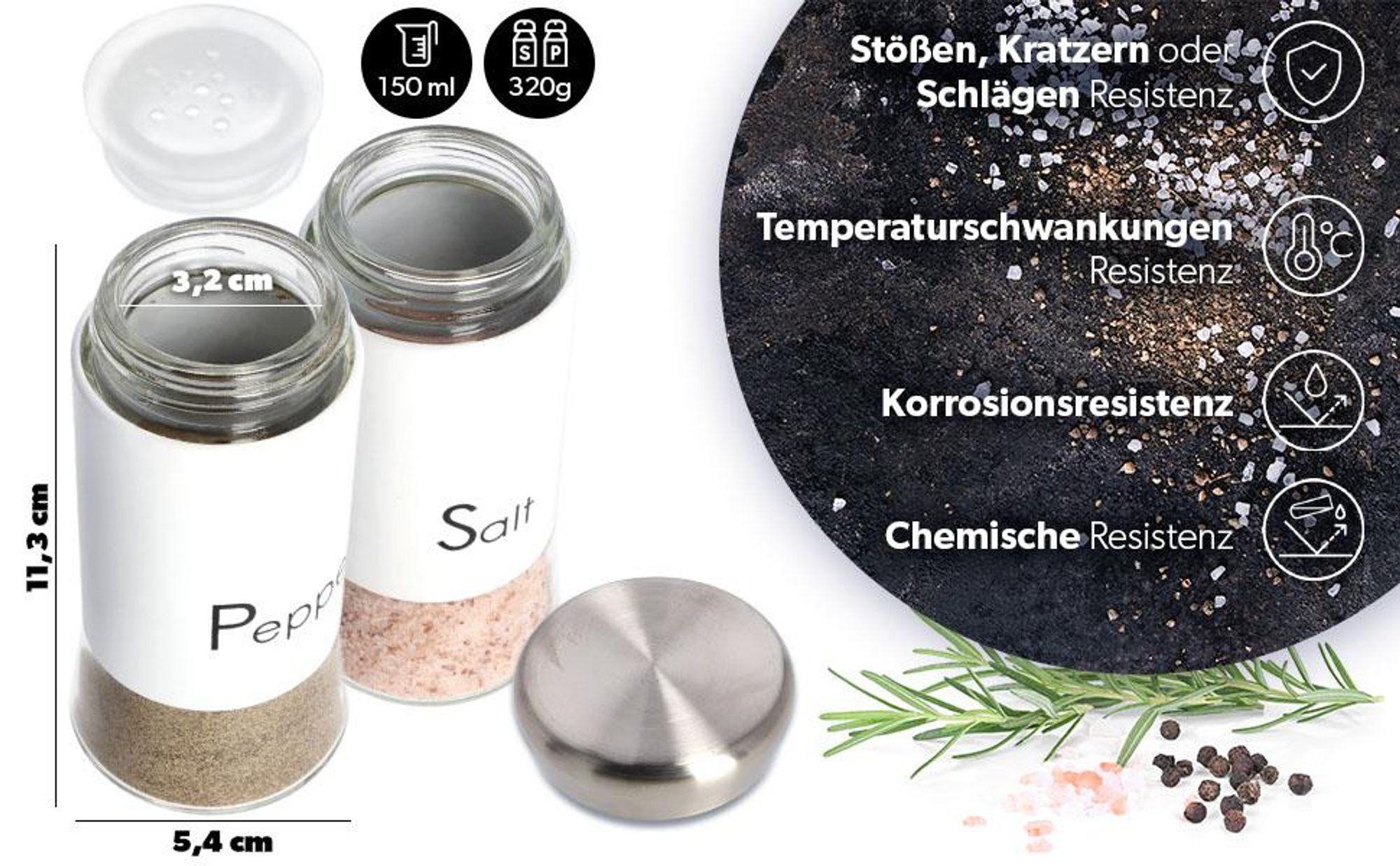 KADAX Salz-und Pfefferstreuer "Force", aus Glas und Edelstahl, Gewürzstreuer Set, Gewürzgläser, Weiß, 150 ml