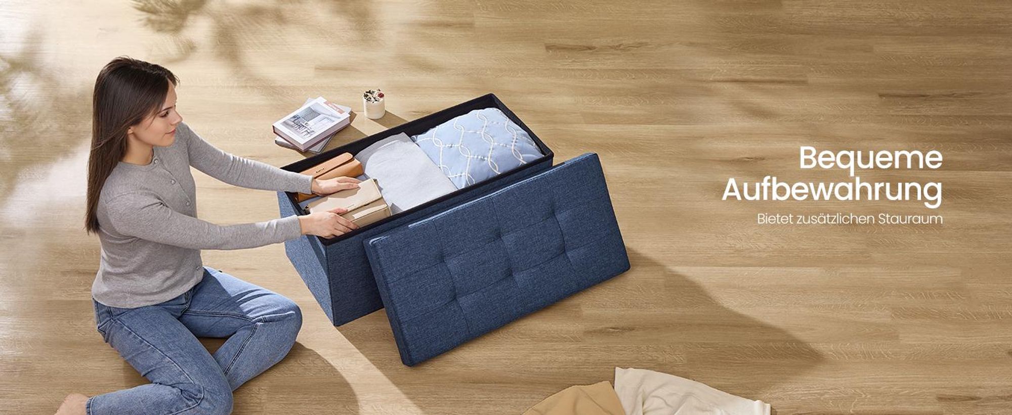 SONGMICS 76cm Sitzbank mit Stauraum, klappbare Sitztruhe, Fußbank, dunkelblau