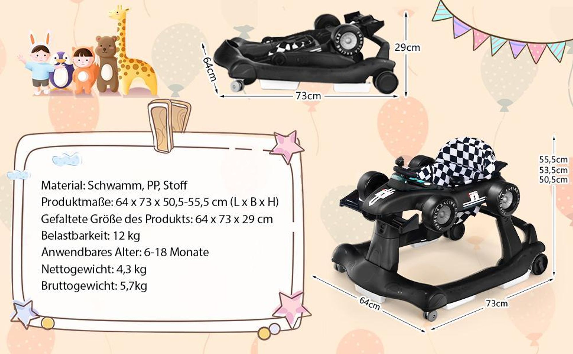 GOPLUS 4-in-1 Lauflernhilfe, Höhenverstellbare & Faltbare Lauflernwagen Tragkraft bis zu 15 kg,  Gehfrei mit Licht Musik  für Kinder von 6-18 Monaten (Grau)