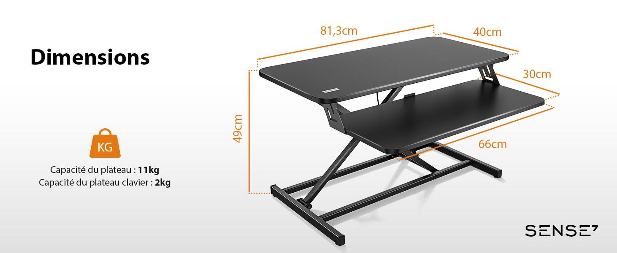 SENSE7 Desktop - Convertisseur noir, rehausse de bureau ergonomique, réglable en hauteur, poste de travail assis-debout, 81 x 40 cm, pupitre de bureau, support d'écran, PC