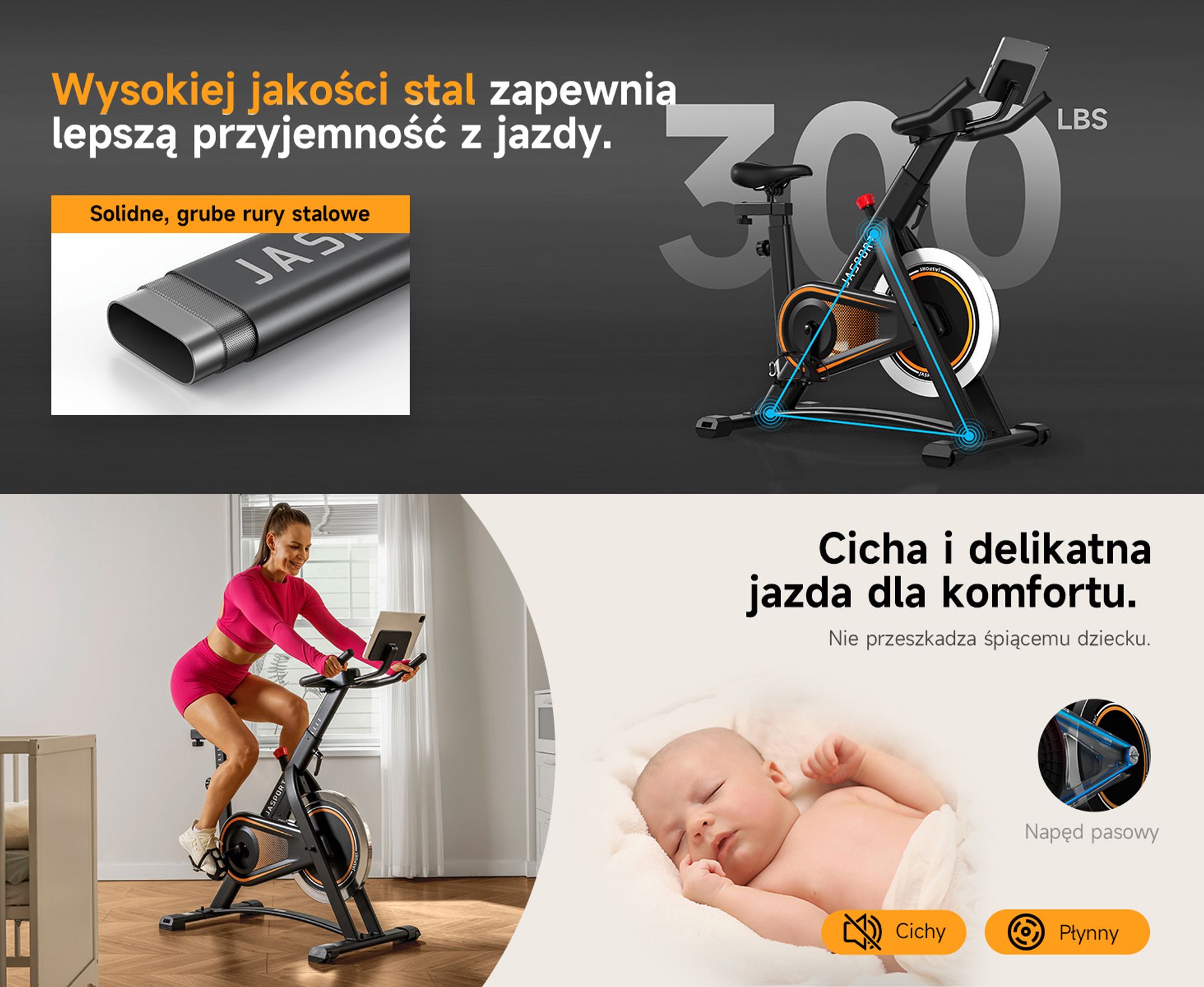 JASPORT A3 ergometr – cichy rower stacjonarny do treningu wytrzymałościowego z uchwytem na tablet i wygodnym siedziskiem
