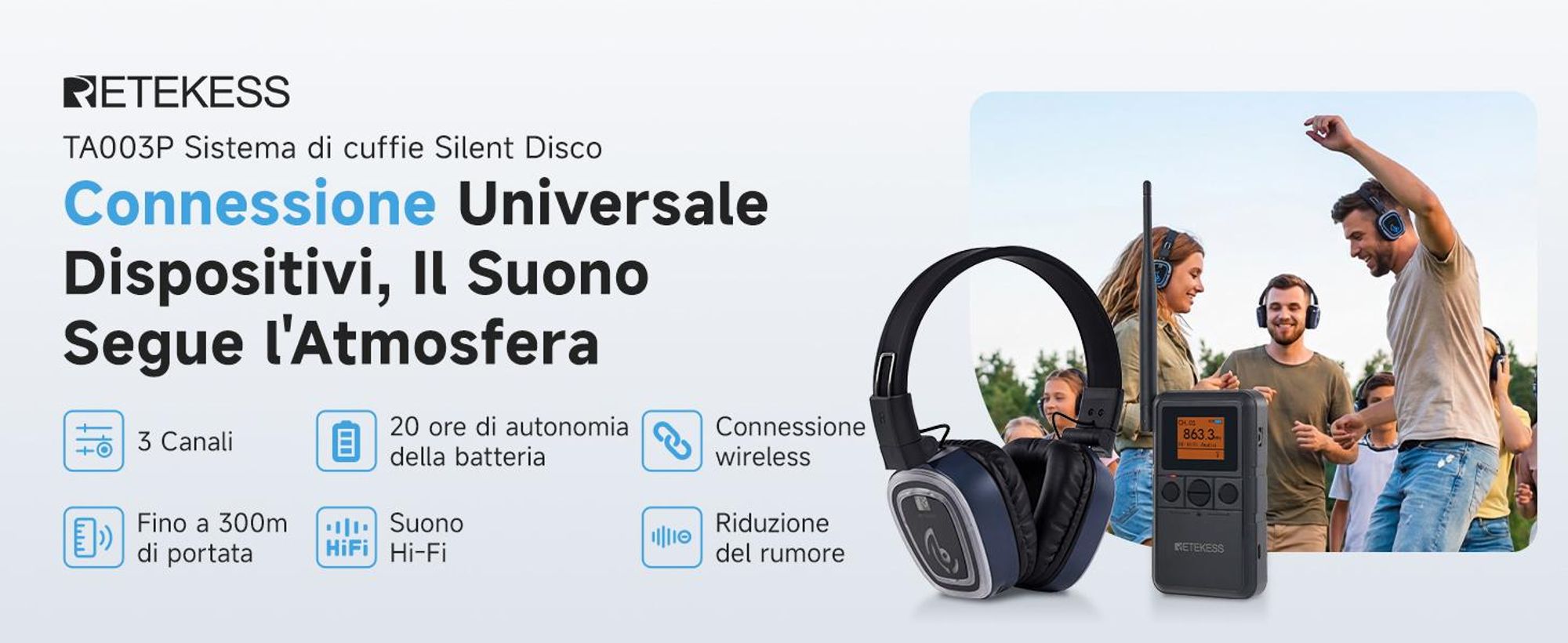 Sistema di cuffie per silent disco Retekess TA003P-TA004S, a mani libere, qualità audio Hi-Fi, LED a 3 canali, 12 ore di autonomia, vestibilità stabile, potenziamento dei bassi, ideale per fitness, yoga e feste