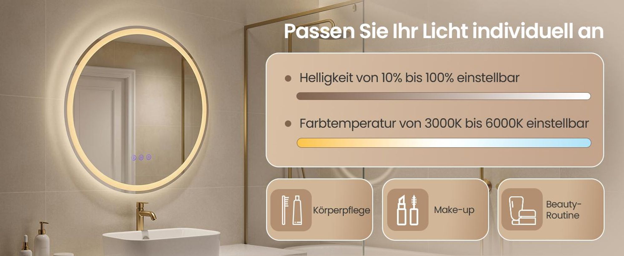 SONGMICS Runder Badspiegel, LED Wandspiegel, Badezimmerspiegel einstellbarer Helligkeit, für Schlafzimmer, 51 cm, weiß