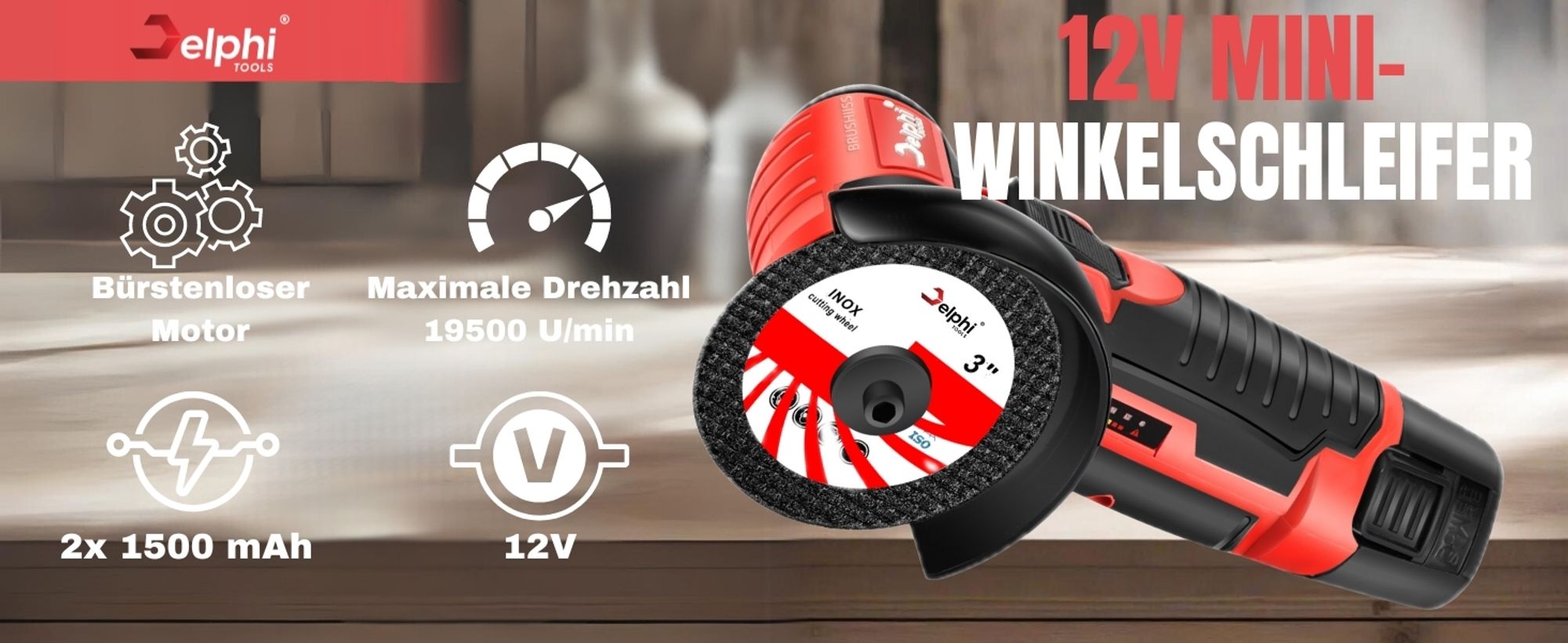 DELPHI Mini Akku-Winkelschleifer 75mm 12V 2 Akkus Bürstenloser Motor 7x Trennscheiben mit Transportkoffe