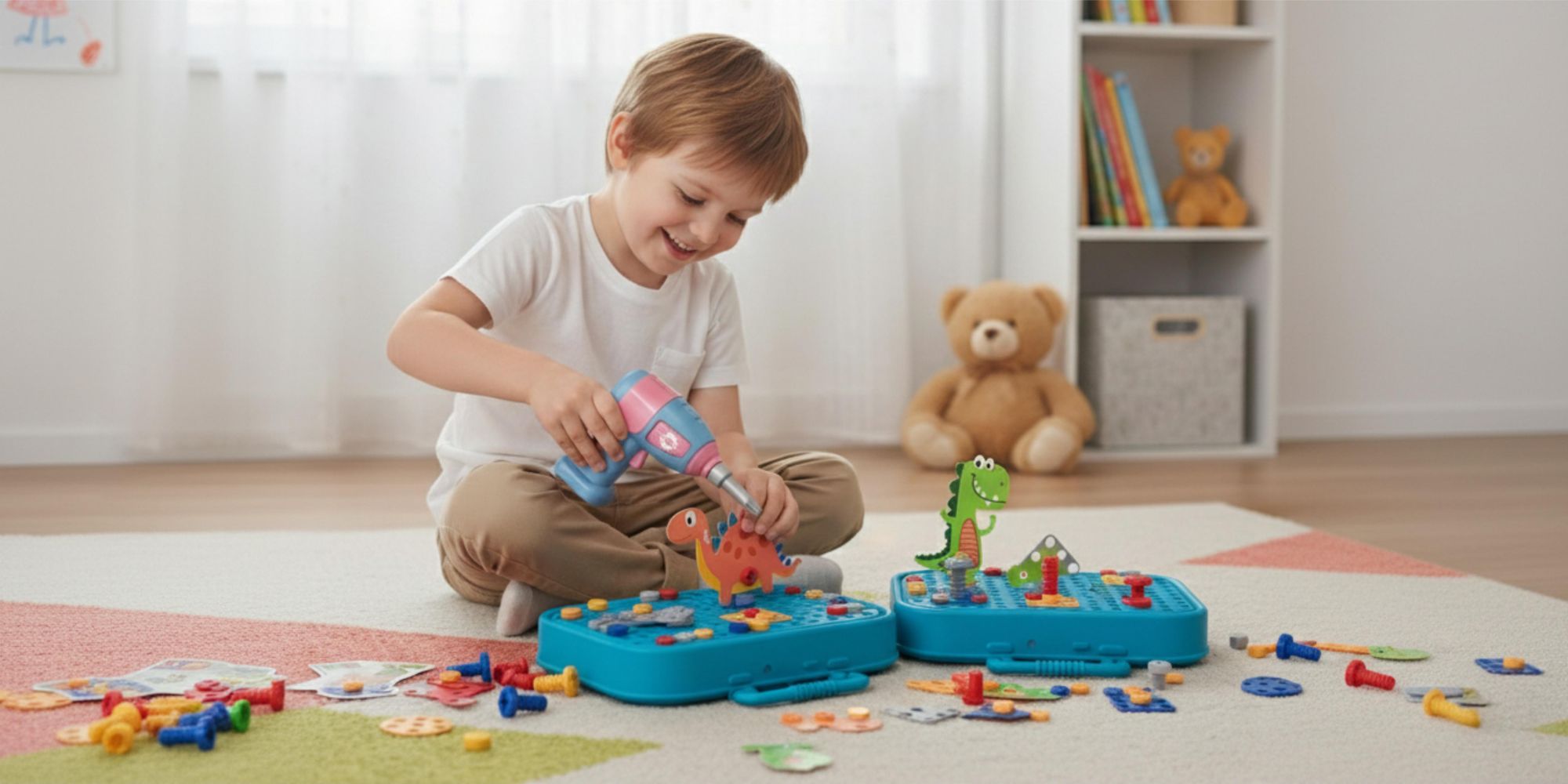 Dinosaurier Konstruktionsspielzeug 228 Teile, Montessori Werkzeugkasten mit Elektroschrauber, 3D Mosaik Steckspiel ab 3 Jahren, EVI TOYS