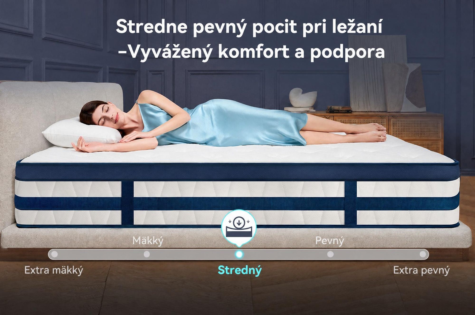 Matrac 90x200 cm, výška 26 cm, s integrovaným topperom, 7-zónový kapsičkový pružinový matrac, tvrdosť H3/H4.