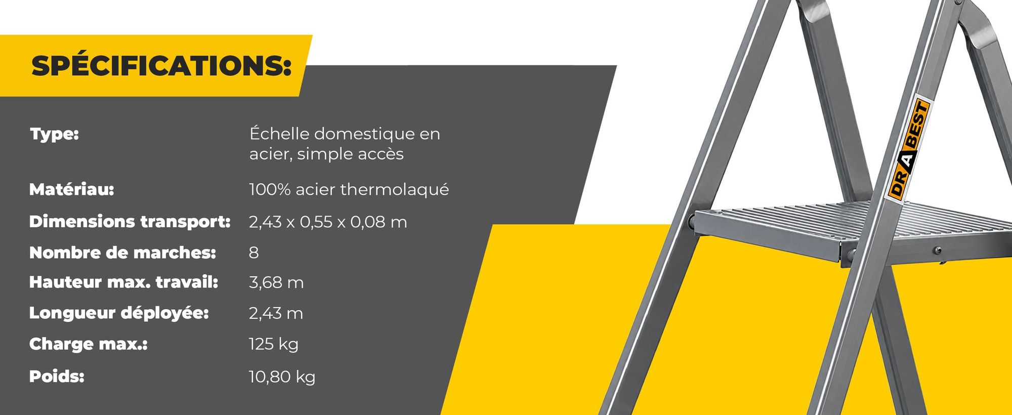 DRABEST | échelle en acier, échelle domestique, échelle à 8 marches, escabeau pliant, en acier, universel, jusqu'à 125 kg