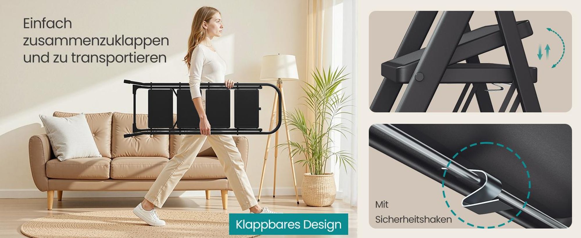 SONGMICS Stehleiter, 4-stufig, Klapptritt mit Klappsicherung, platzsparend, für Haushalt, bis 150 kg belastbar, schwarz