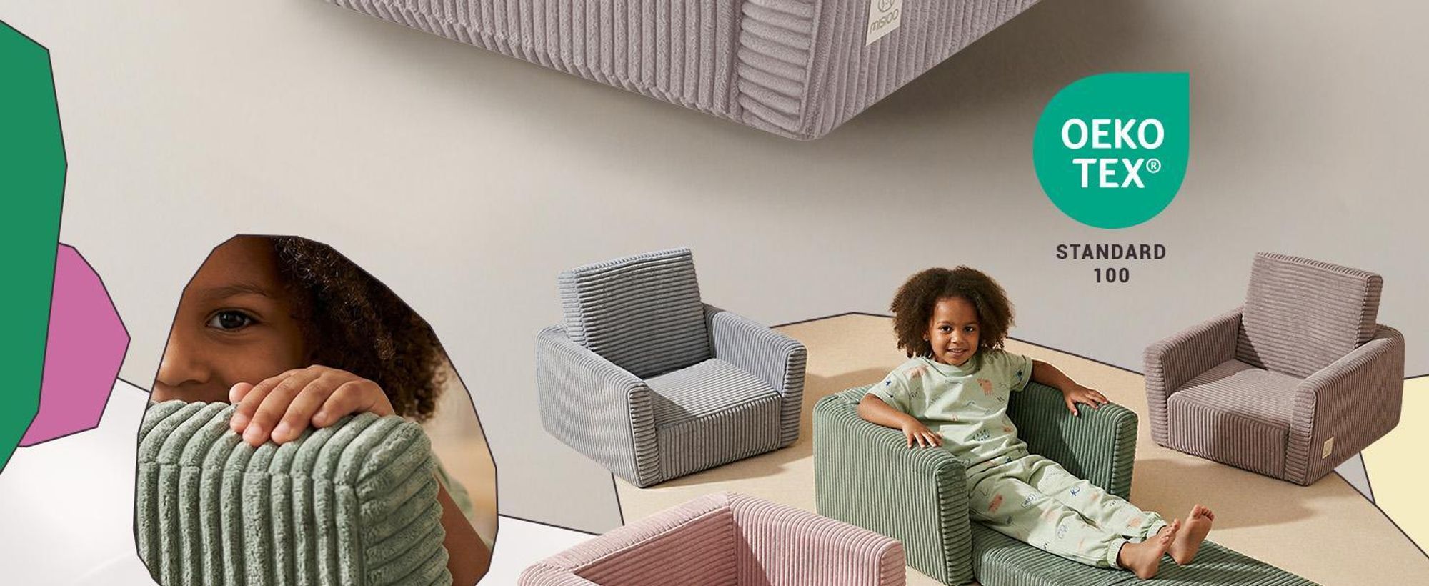 Poltroncina per bambini MISIOO CUBIE in velluto a coste, poltroncina pieghevole e divanetto per neonati, morbida poltroncina per la cameretta, pieghevole per sdraiarsi - Verde