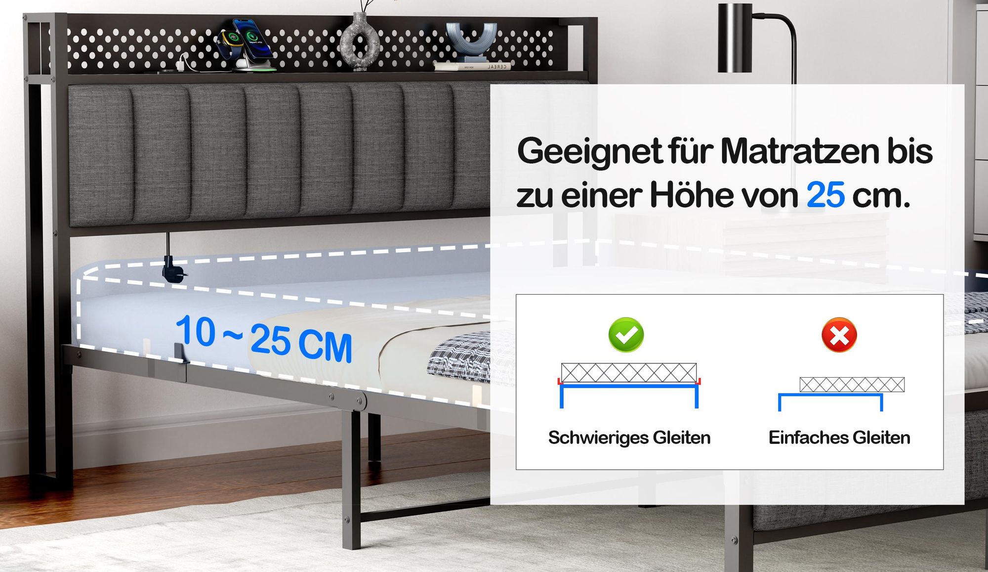 Polsterbett ohne Matratze mit USB und LED