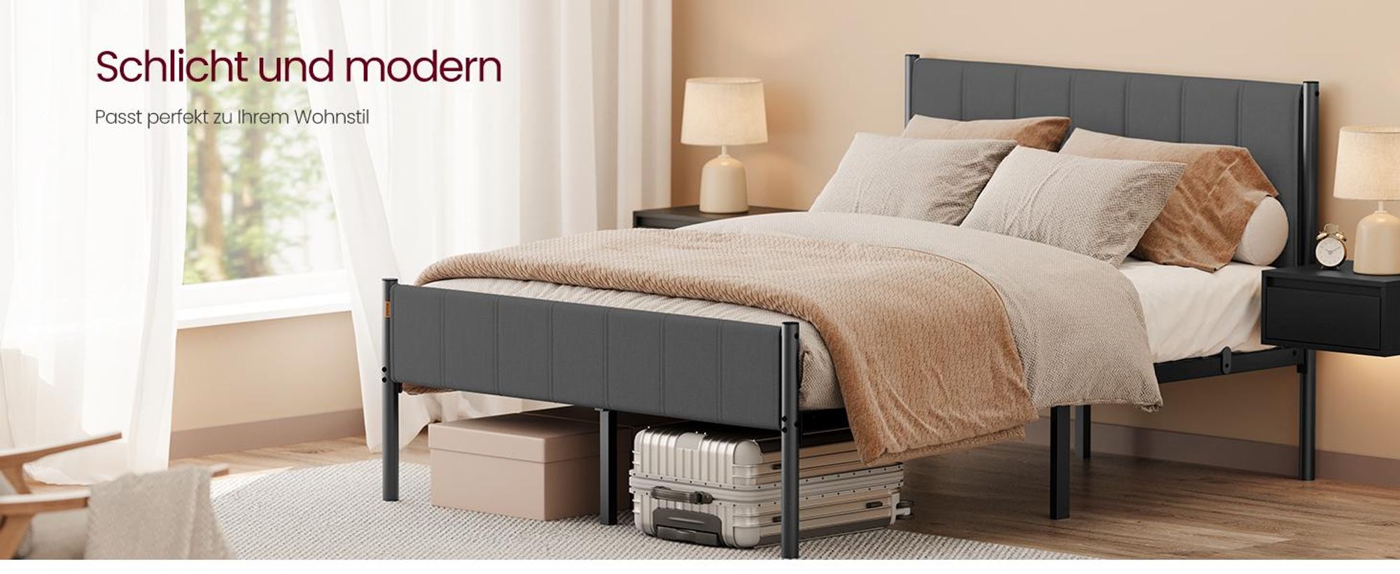 VASAGLE Doppelbett, Bettgestell, 140 x 200 cm, mit gepolstertem Kopfteil, Bettrahmen, Stahl, trägt bis zu 500 kg, grau
