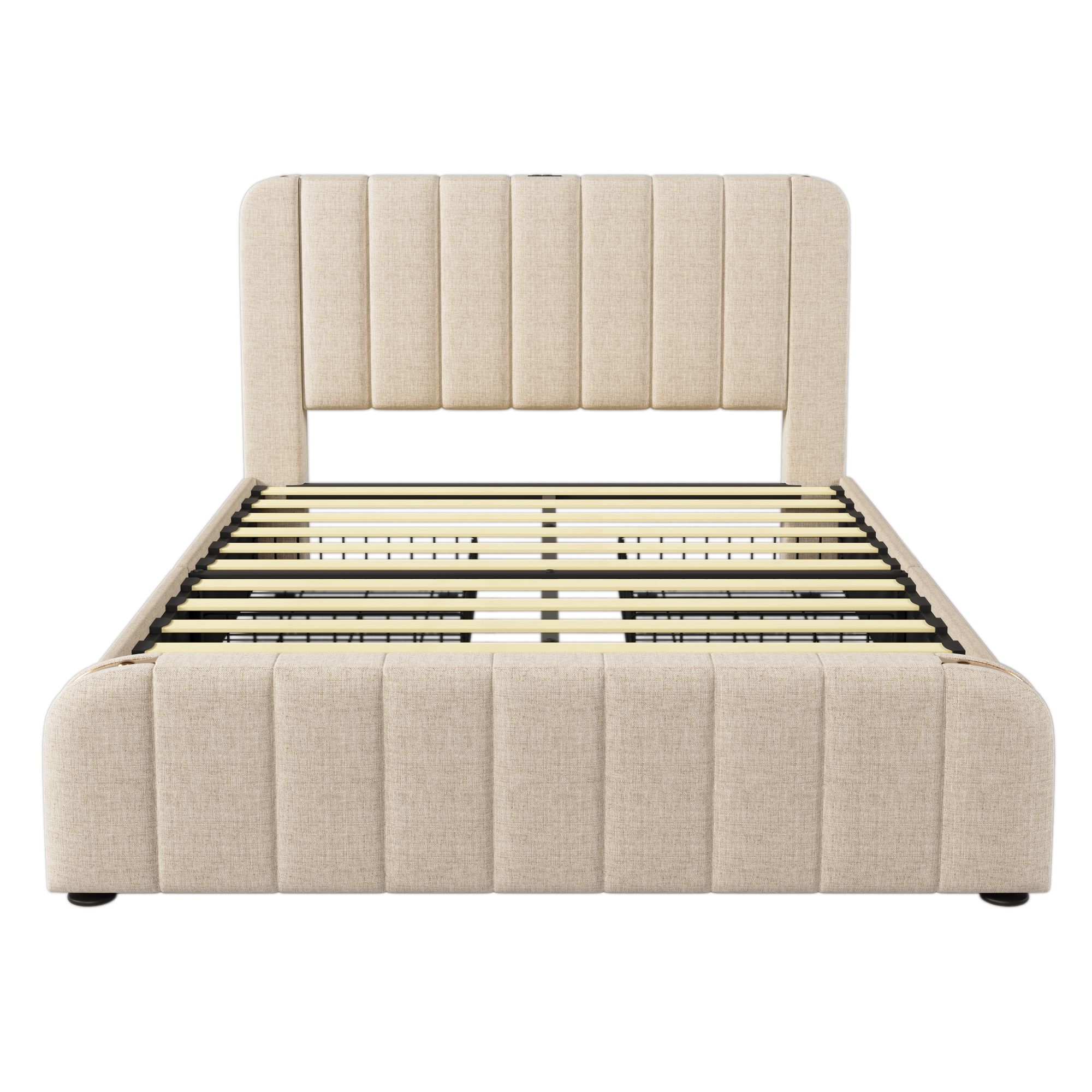 Flieks Polsterbett 160x200cm mit Ladefunktion (USB, Typ-C), Doppelbett Stauraumbett mit 4 Schubladen, Jugendbett Funktionsbett, Leinen, Beige