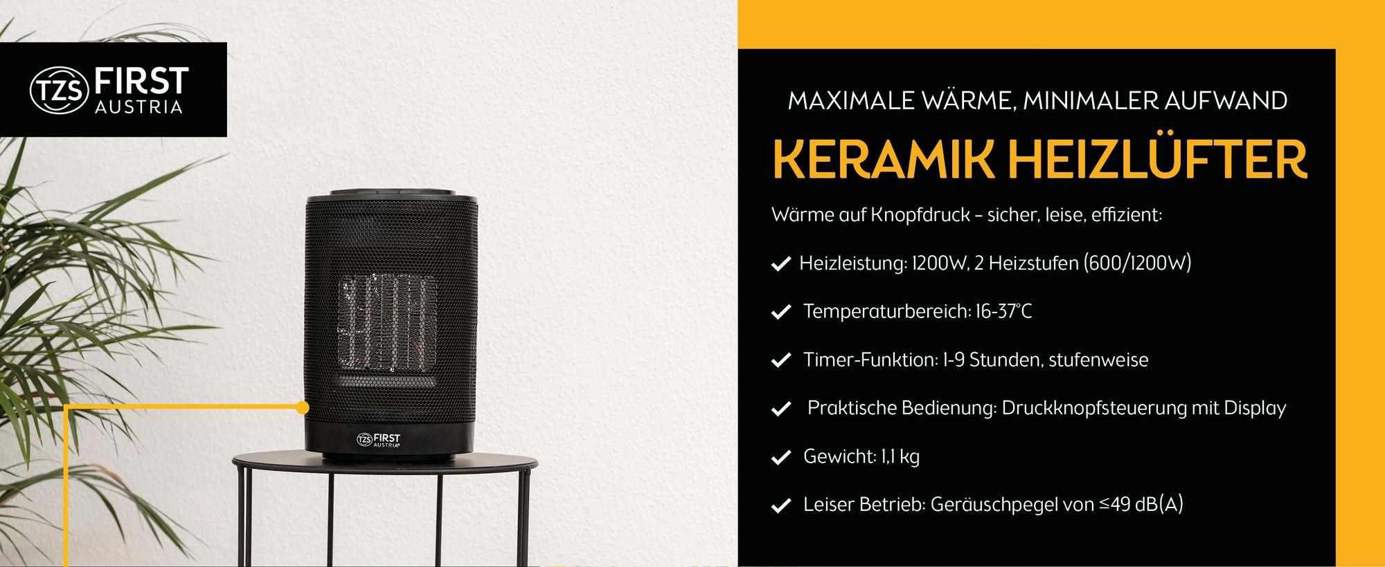 TZS First Austria Heizlüfter energiesparend | Kleiner & leiser Heizstrahler mit Keramik Heizelement | Heizgerät mit Oszillation | Elektroheizung 600-1200 Watt, Timer, Thermostat, Umkippschutz, schwarz