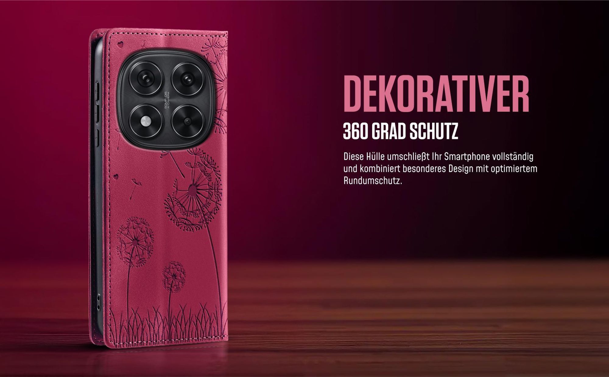 Blume Pusteblume Flipcase in Magenta für Xiaomi Redmi Note 15 / 15 5G mit 360 Grad Schutz