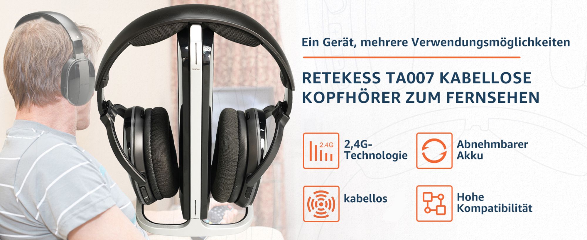 Retekess TA007 Kabellose Kopfhörer für TV, 2,4G Sender-Ladestation, 60m, Kompatibel mit Bluetooth, Kopfhörer Fernsehen für Senioren, Fußballspiel