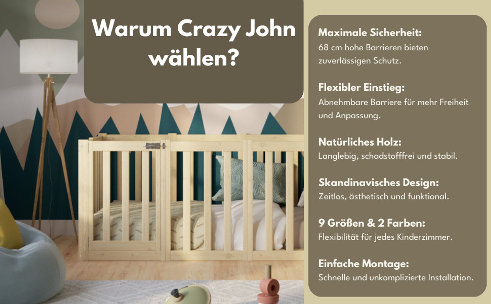 Crazy Pine Kinderbett 120x180 cm – Weiß - Montessori Bodenbett mit Hohem Rausfallschutz 73cm und Öffnbarer Barriere  - Crazy John