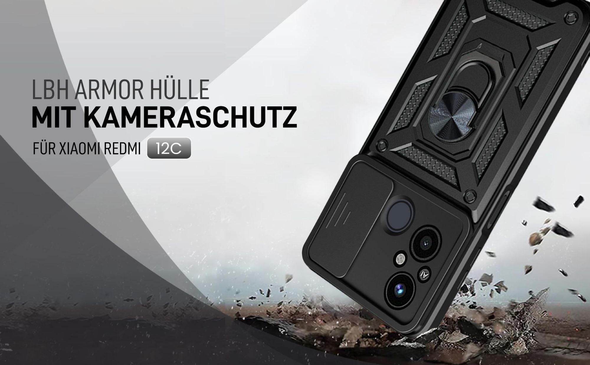 Schwarze Outdoorhülle mit Kameraschutz für Xiaomi Redmi 12C