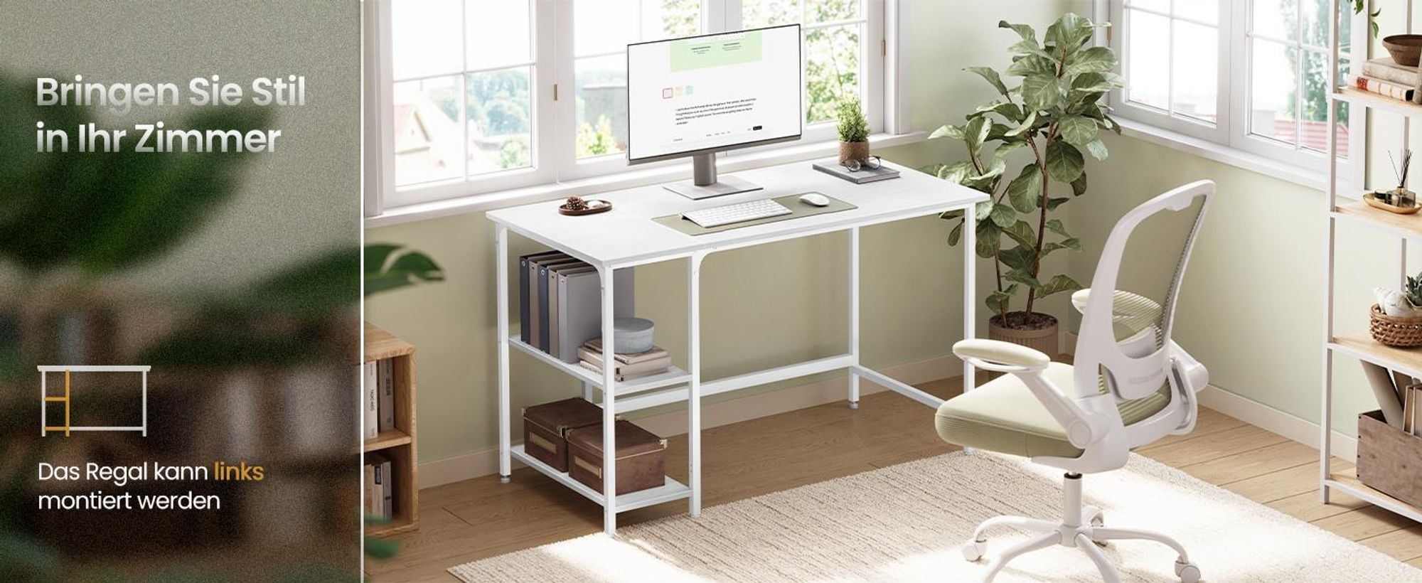 VASAGLE Computertisch Schreibtisch mit 2 Regale 120 x 75 x 60 cm weiß