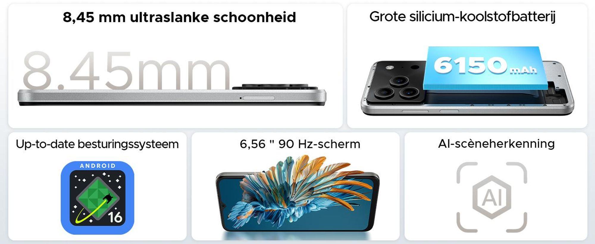 DOOGEE Note 56 Smartphone, Android 16, 6,56" 90Hz HD+, 6150mAh batterij, 24GB RAM + 64GB opslag, 4G Dual-SIM, 8MP camera, gezichtsherkenning, OTG, zonder abonnement