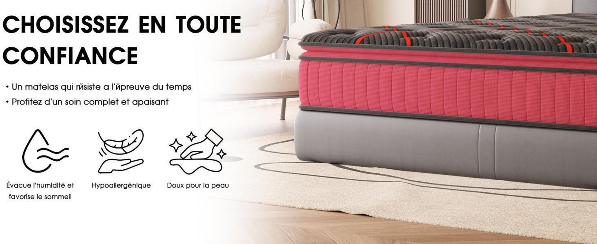 DEWINNER Ensemble Matelas et Sommier 160x200, Surmatelas Épaisseur 30 cm, Fermeté Moyenne, Sommiers à Lattes avec 9 Pieds pour Adulte, 2x16 Lattes