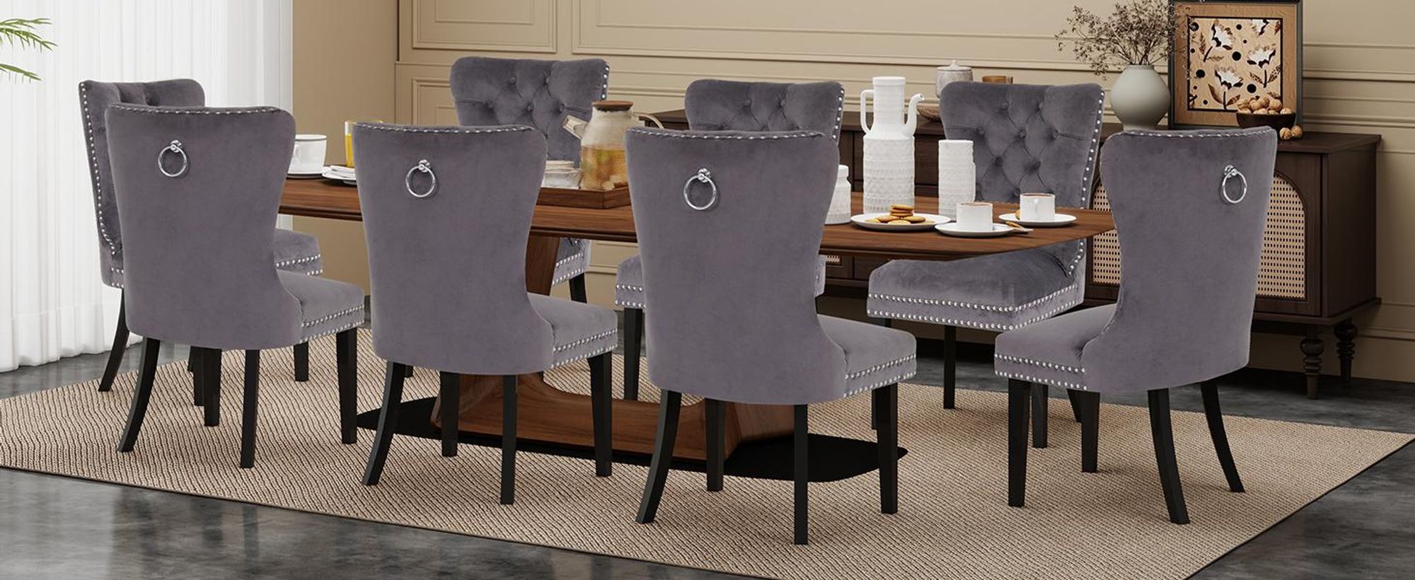 Puluomis Esszimmerstühle 8er sets Samt Stuhl Küchenstuhl Polsterstuhl Esszimmer Sessel mit Massive Holzbeine und Nagelkopf Grau, Elegant, Edel Grau