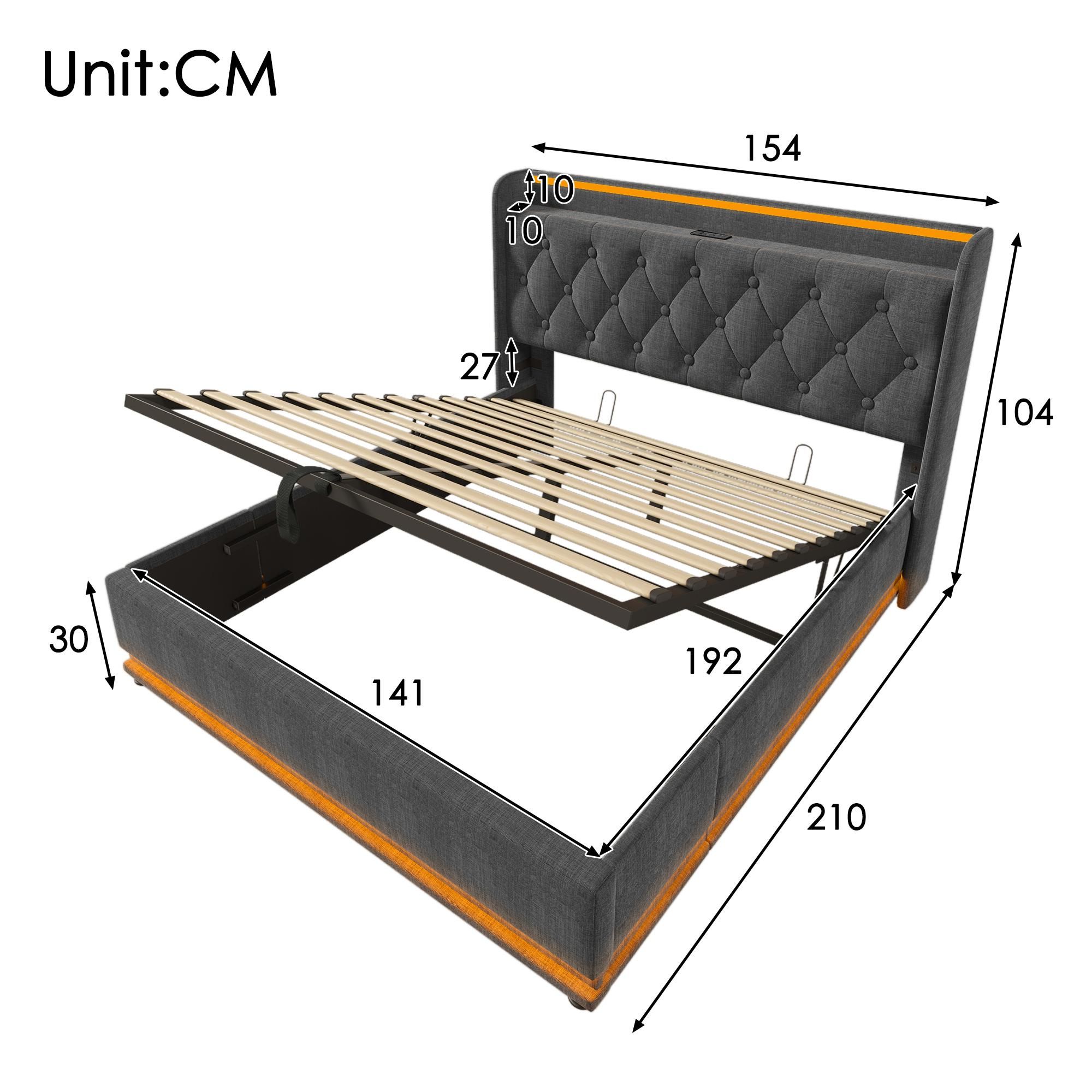 Flieks Polsterbett 140x190cm mit Ladefunktion (USB&Typ-c), Jugendbett Doppelbett Stauraumbett mit LED, Hydraulisches Boxspringbett, Leinen, Grau